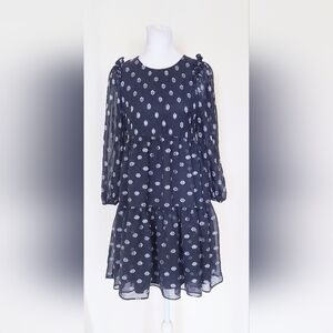 Calvin Klein Puff Sleeve Tier Skirt Dress Size 4P Petite Blue Silver Geometric